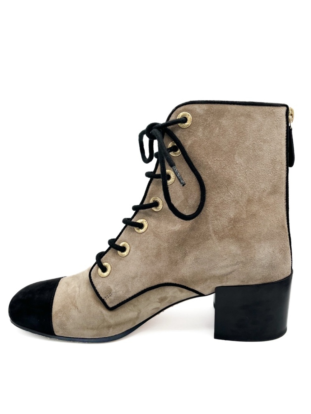 Chanel Interlocking CC Logo Suede CC Lace Up Short Heeled Cap Toe Boots - Picture 2 of 7